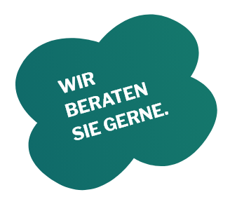 Grüne Sprechblase mit der Aufschrift ‚Wir beraten Sie gerne
